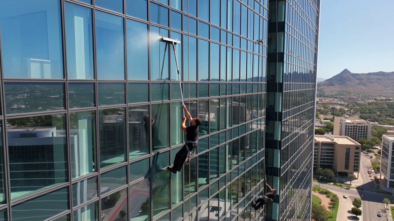 Window cleaner on ropes cleaning a glass office facade with a long-handled pole